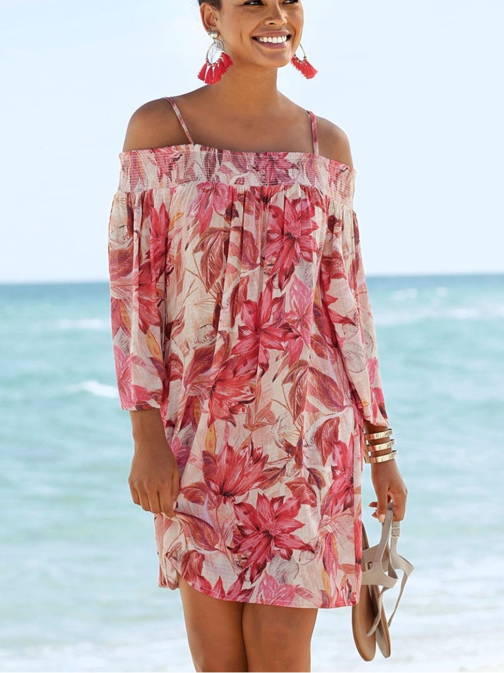 Lascana Red Floral Off-Shoulder Dress